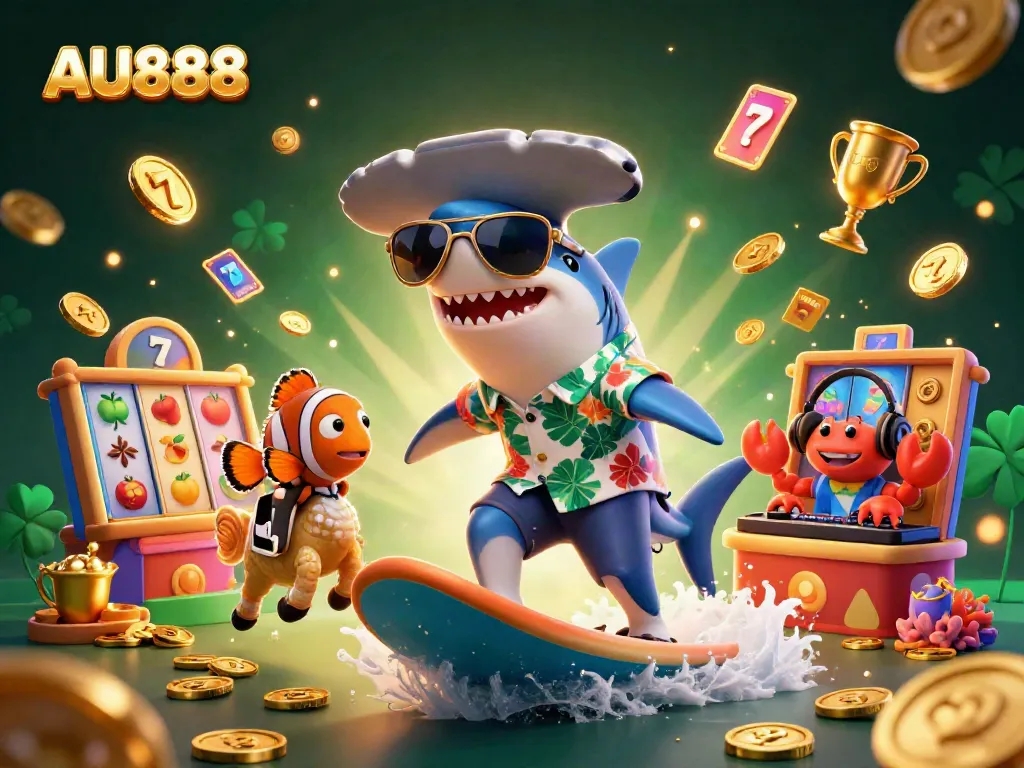 Surf the waves of excitement with AU888, featuring vibrant 3D characters amidst a whirl of slot elements and gold coins.