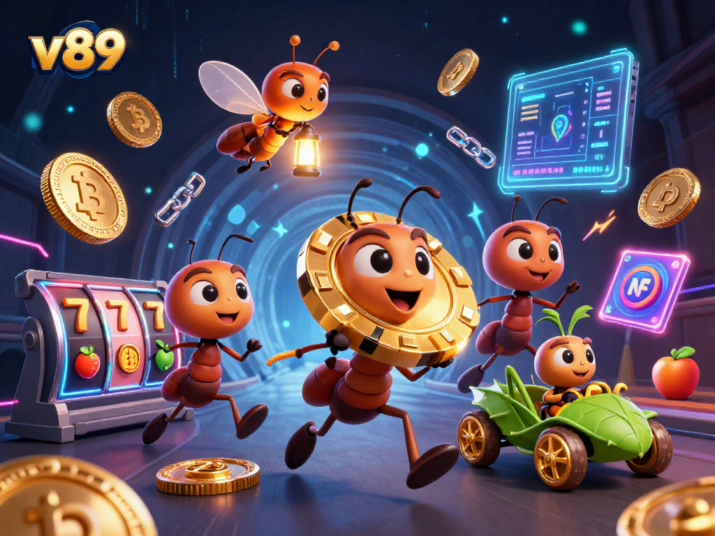 v89 menghadirkan kelompok semut 3D terlibat dalam pencurian kasino dengan chip poker emas raksasa, menciptakan suasana berjudi yang penuh aksi.