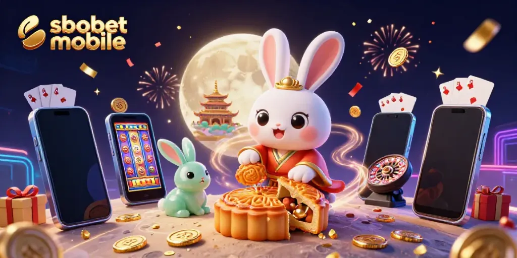 Engage with sbobet mobile action featuring a moon rabbit amidst a vibrant casino scene.