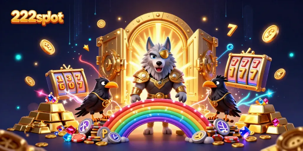 Menangkan hiburan dengan 222slot, simbol slot dan harta karun bersinar di dunia kasino.
