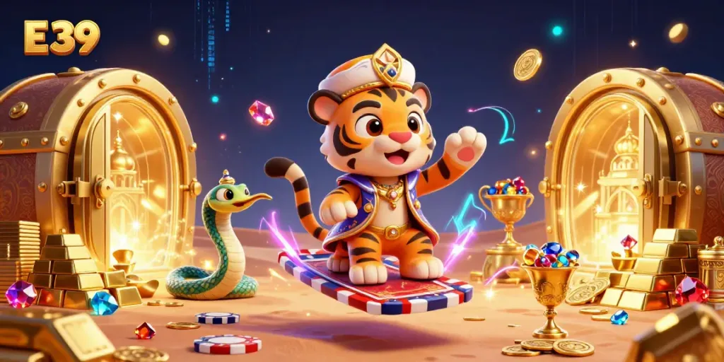 Experience the magic of E 39 with a vibrant, detailed casino fantasy featuring a tiger sultan on a flying carpet.