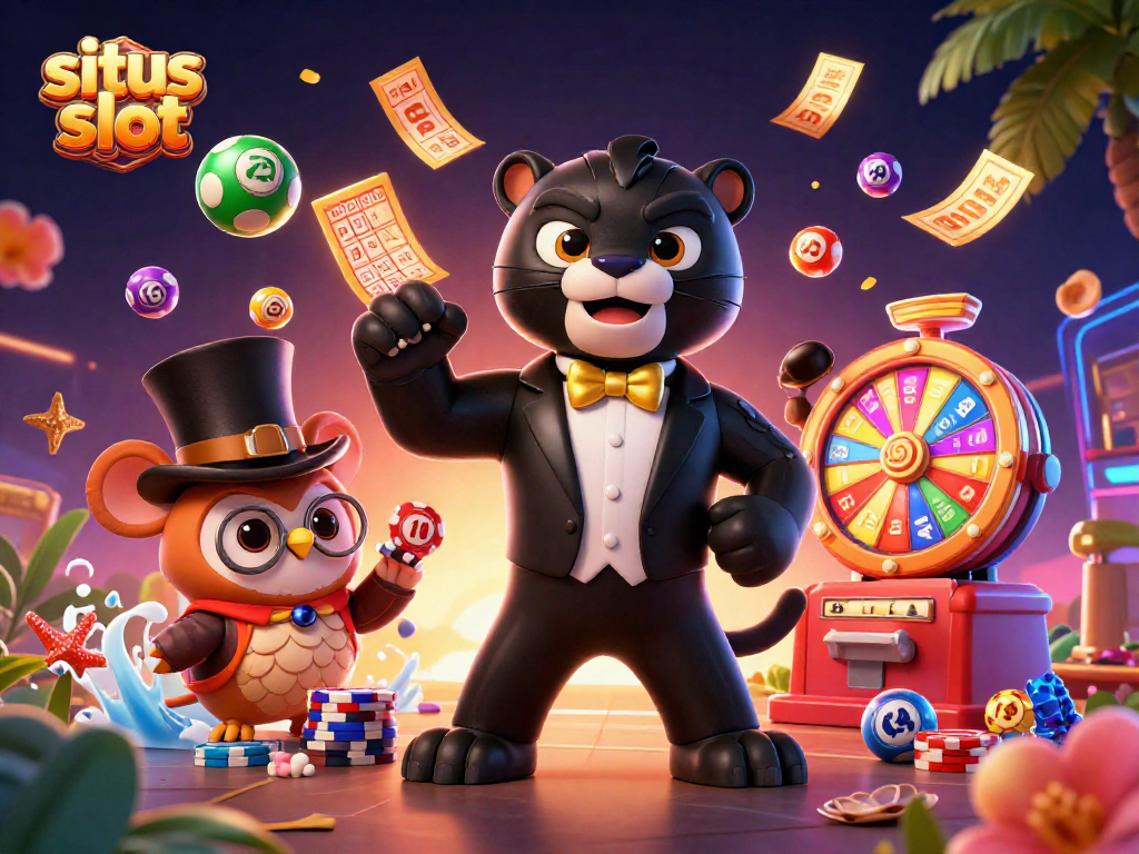 Menghadirkan situs slot terbaik, ilustrasi 3D panther elegan membagikan kemenangan dengan simbol slot di sekitarnya.