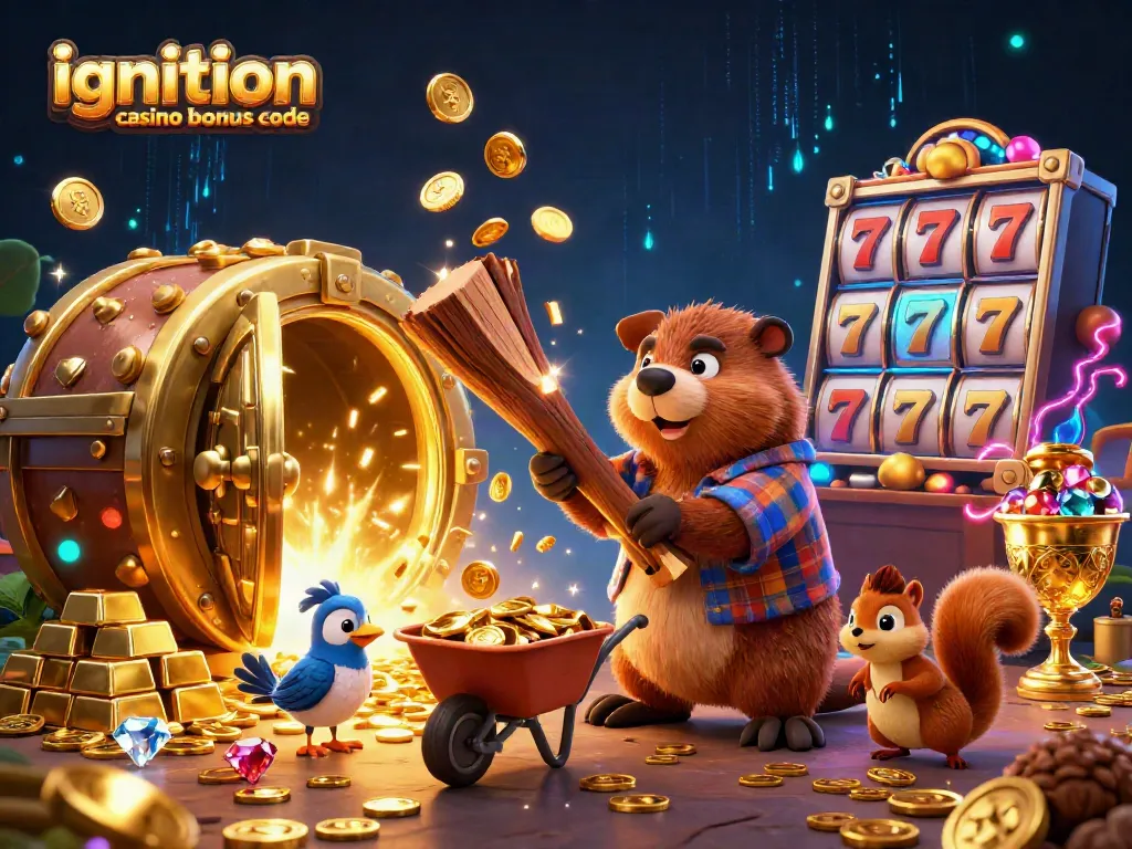 Ignition casino bonus code illustration with beaver chopping a coin tree and rich casino elements.