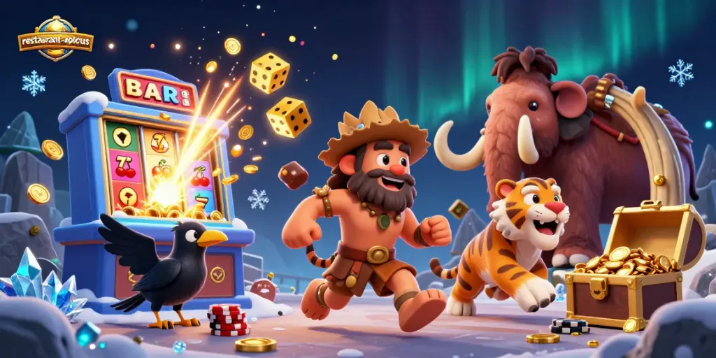 Caveman duo and sabertooth tiger showcase casino excitement at restaurant-apicius with vibrant slot machine.