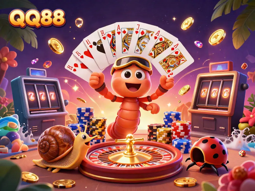 Experience the exciting world of QQ88 with a vibrant illustration of a millipede dealer, colorful chips, and casino elements.