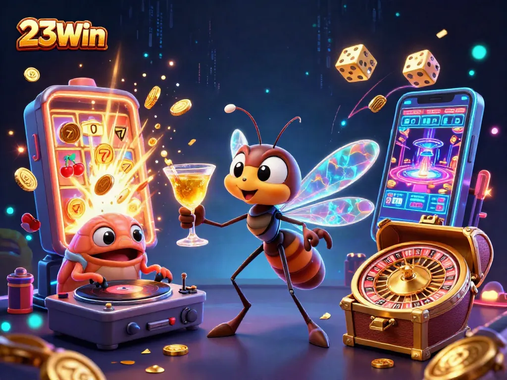 Experience the thrill of 23Win with an animated casino scene featuring a mascot and engaging game elements.
