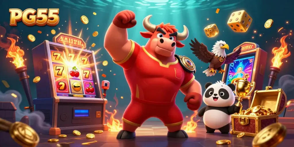 Win big with PG55 in this dynamic casino scene featuring exciting game elements and mascots.
