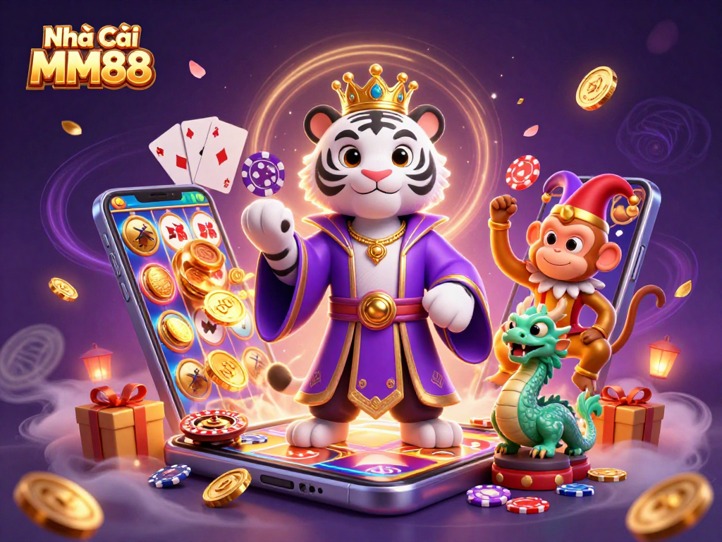 Experience the excitement at Nhà Cái MM88 with lively characters and vibrant casino elements.