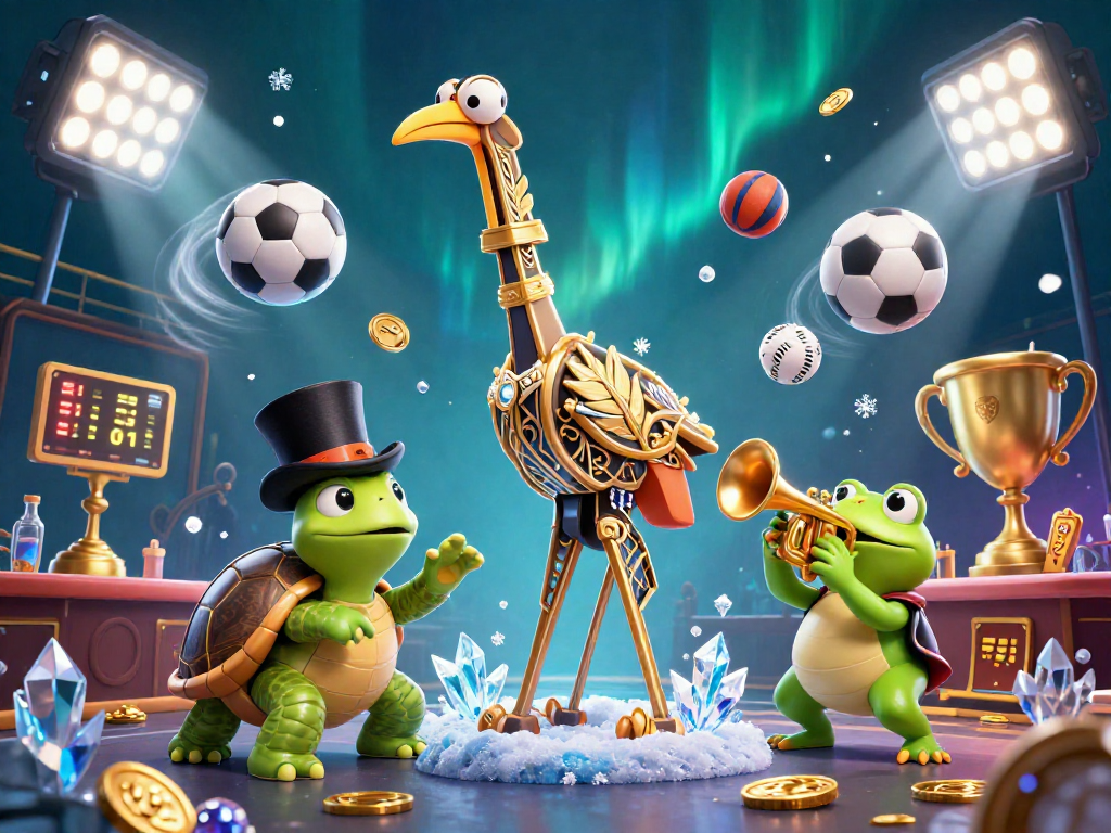 Engage with nhandinhkeonhacai's vibrant casino scene featuring a cartoon crane, turtle, and trumpet-playing frog.