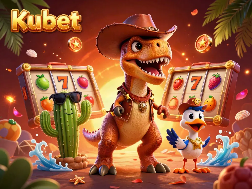 Kubet showcases vibrant 3D characters in a lively casino setting, surrounded by slot reels and lucky symbols.