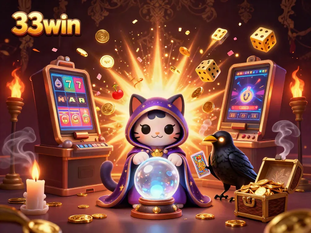 Experience the magic of 33win through a captivating 3D casino scene filled with vibrant game elements.