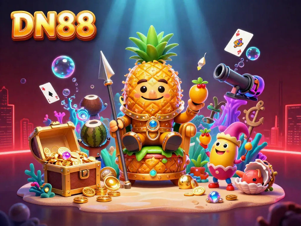 Experience vibrant casino action with DN88, showcasing the golden pineapple king and tropical themed characters.