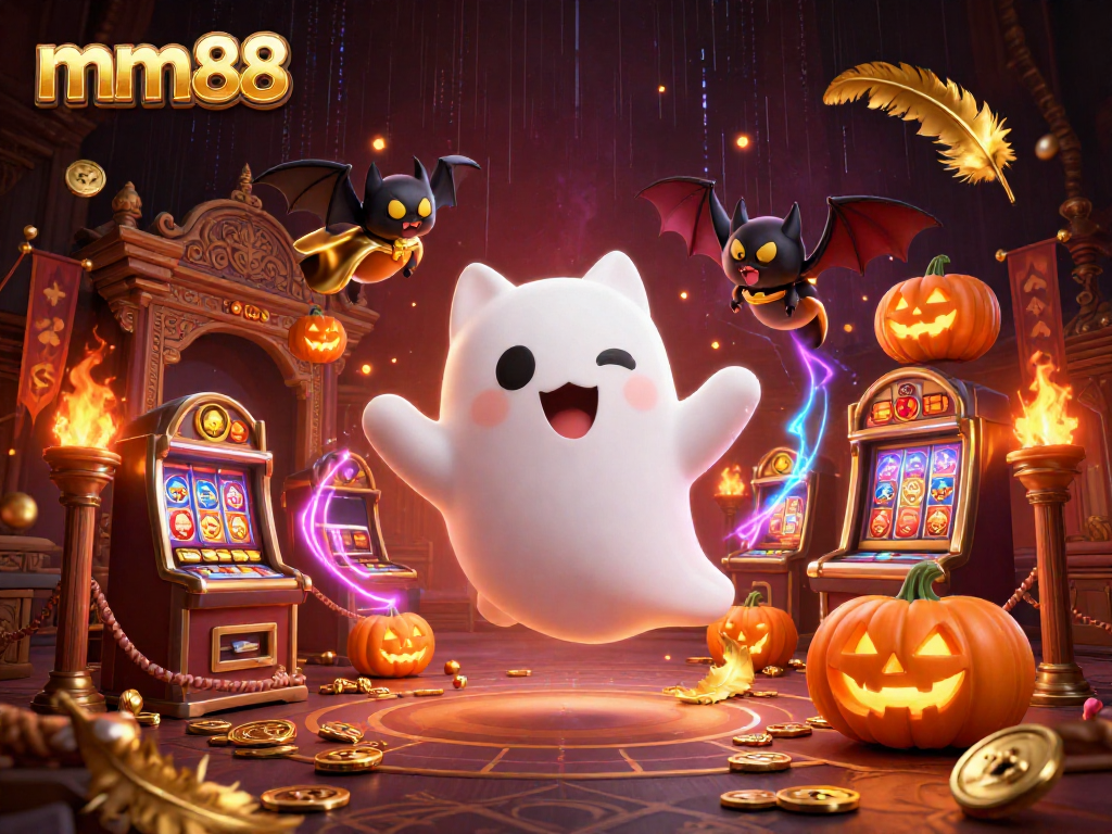 Immerse in the world of mm88 as a ghost cat battles alongside a vampire bat in a vibrant casino.