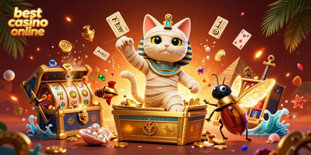 Experience excitement at the best casino online with a dynamic scene featuring a mummy cat and treasures.