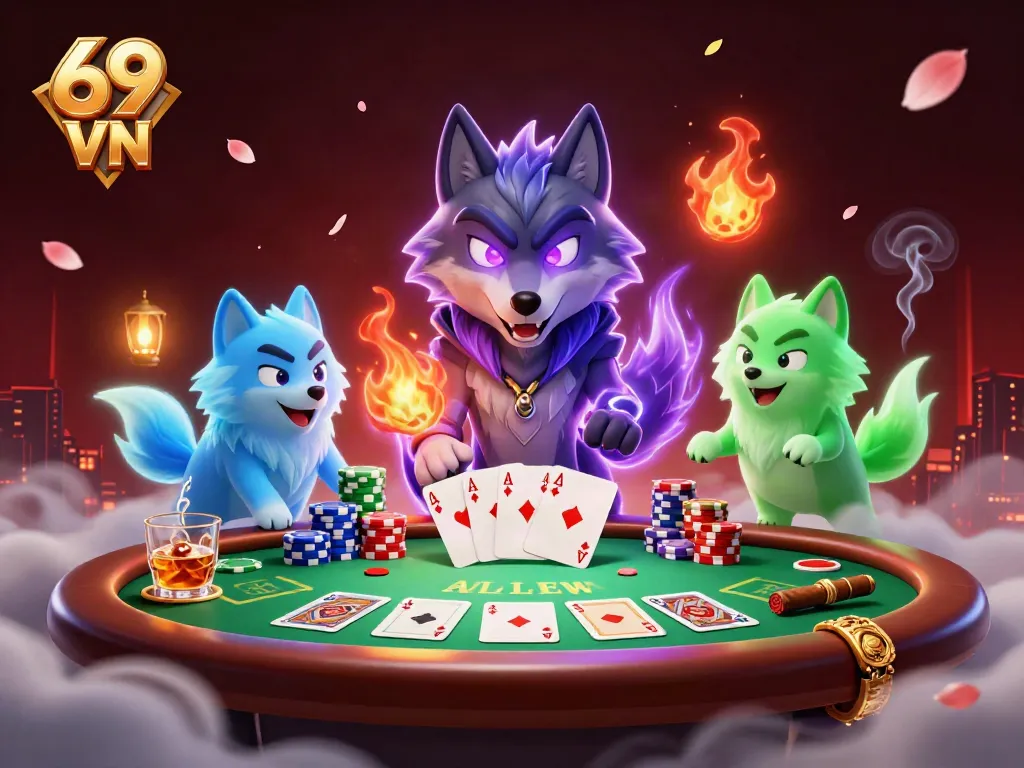 Join the excitement at 69 VN with a dynamic scene of casino elements and animated characters.