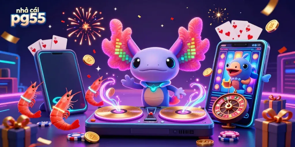 Experience fun with nhà cái pg55 in a vibrant 3D neon casino scene featuring lively characters and game elements.