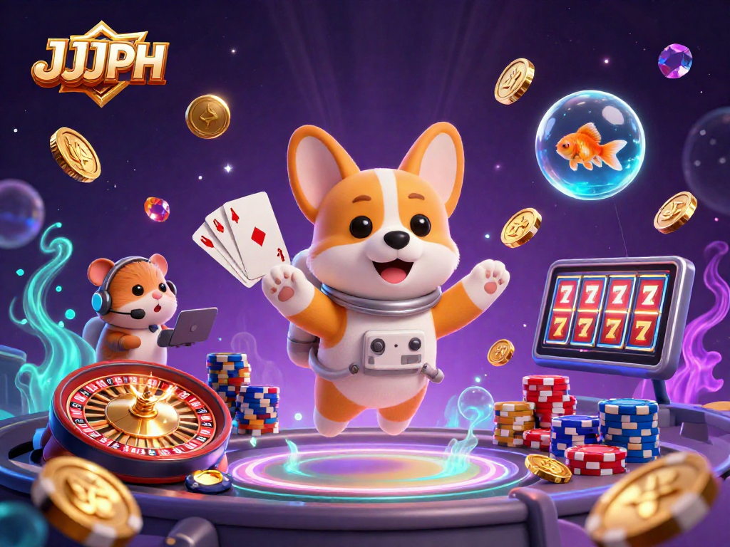 Magandang karanasan sa pagsusugal sa JJJPH sa loob ng isang casino sa kalawakan kasama ang masayang mga karakter.