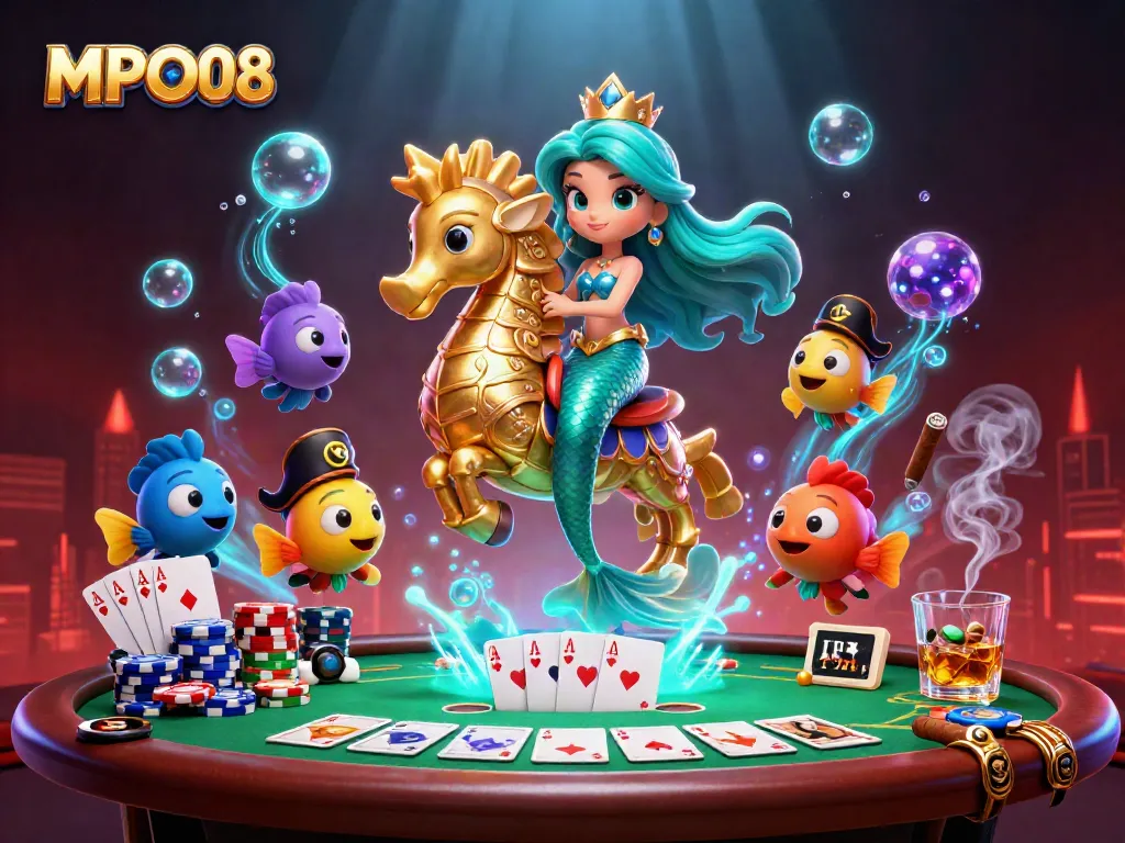 Engage with MPO08's exciting poker scene featuring a mermaid princess and vibrant elements.