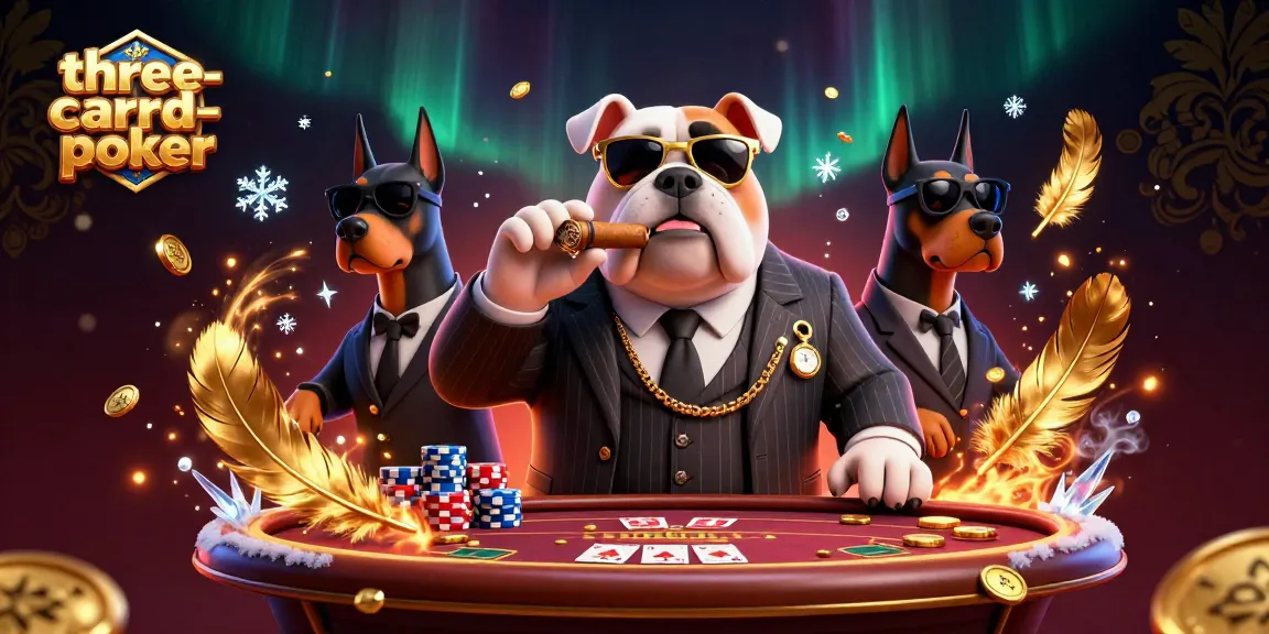 Engage in three-card-poker with casino characters in a vibrant, dynamic scene filled with chips and gold.