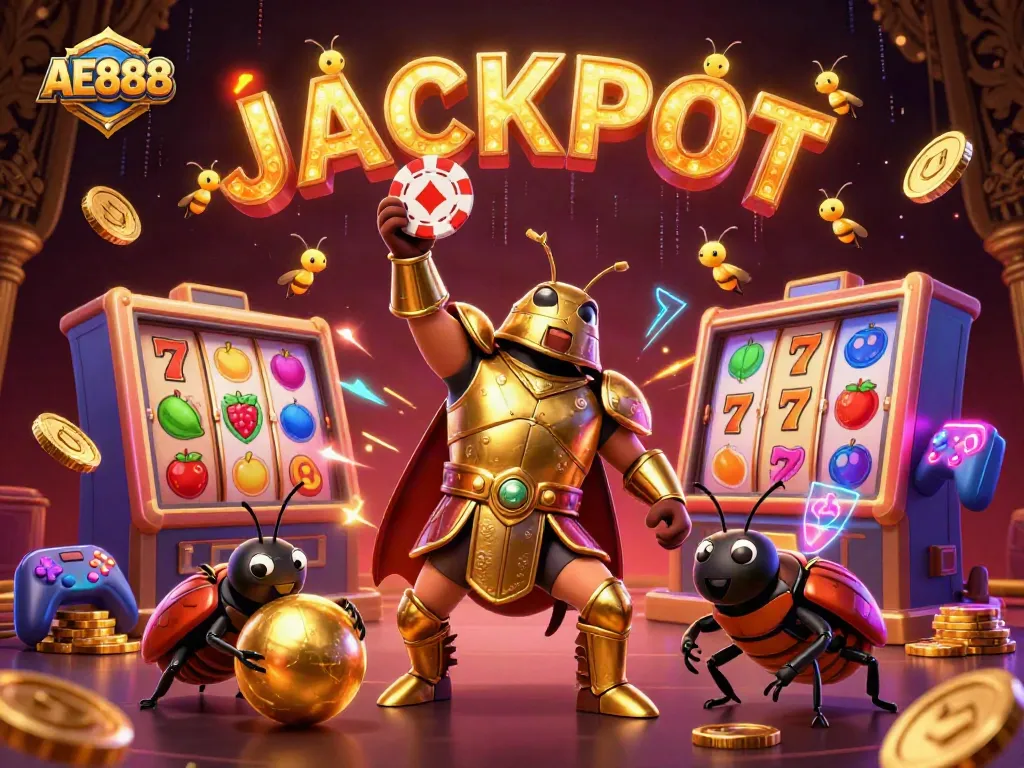 Spin the reels with AE888's vibrant casino scene featuring a hero beetle and jackpot lights.