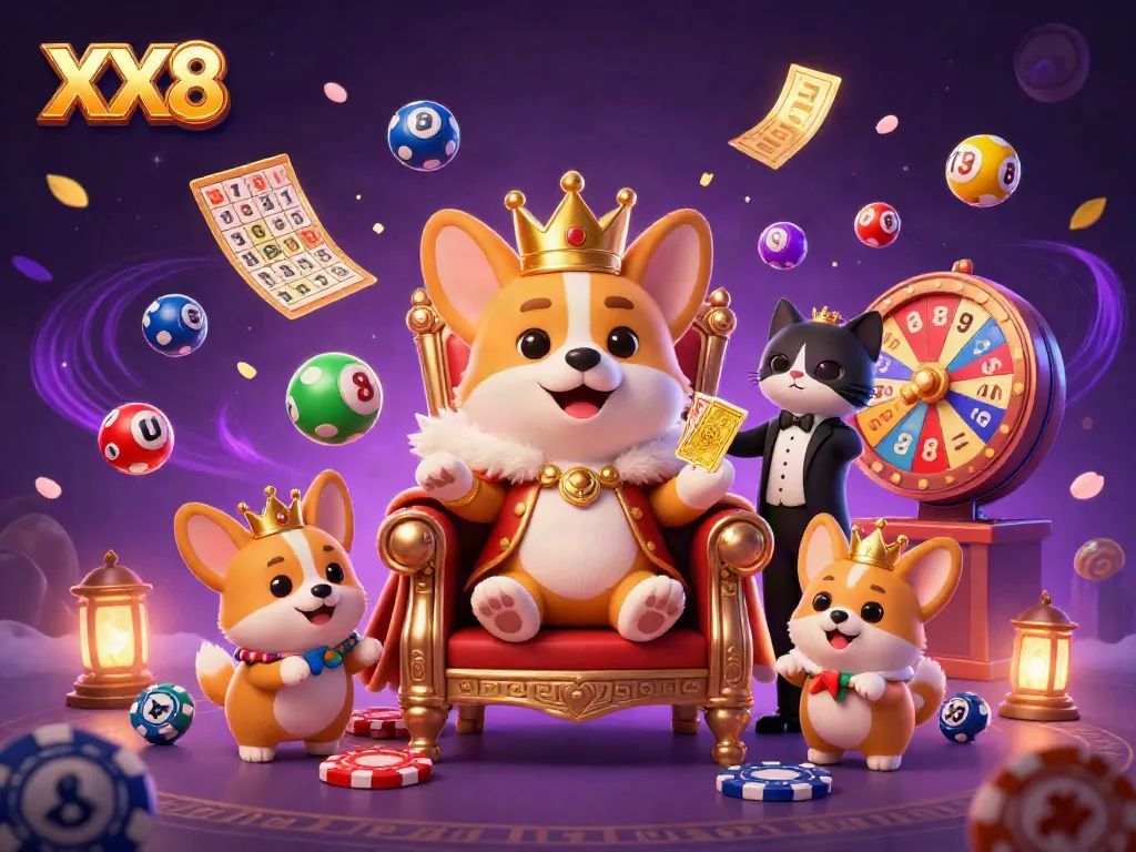 Experience the thrilling world of XX8 with a royal corgi throne amidst vibrant casino elements.