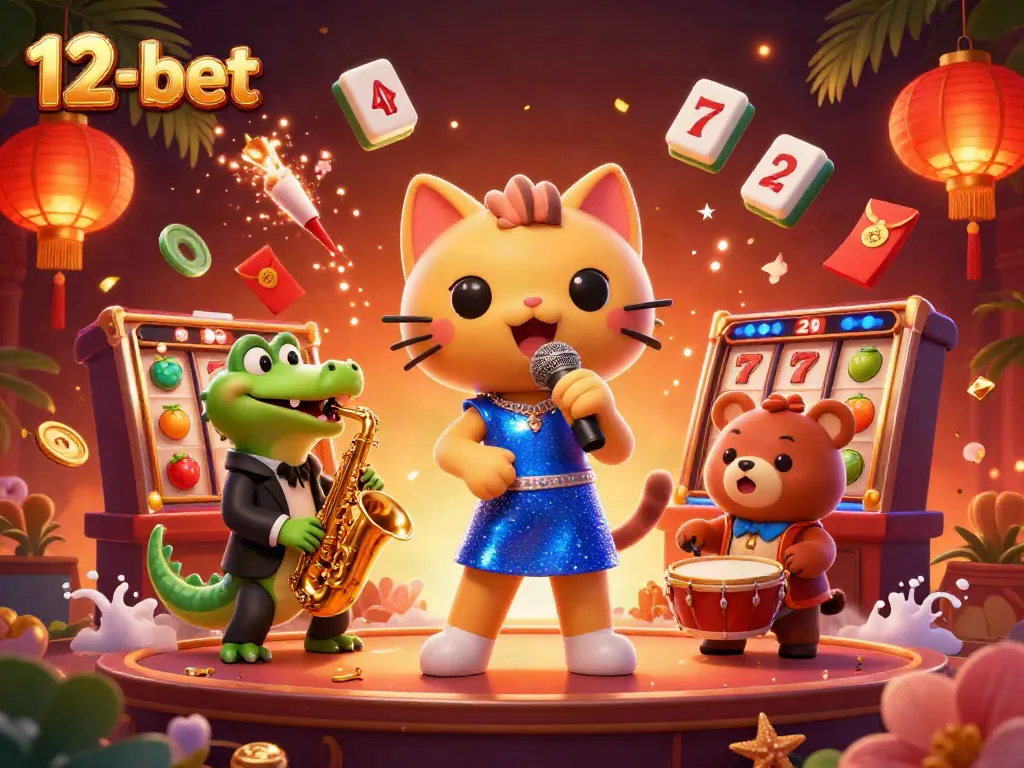 Engage with 12-bet, a vibrant casino world featuring a jazzy cat singer, crocodile, and bear in dynamic entertainment.