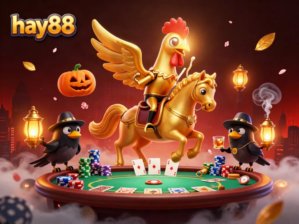 Experience thrilling poker action at hay88 with a golden rooster and eerie companions in a vibrant casino.