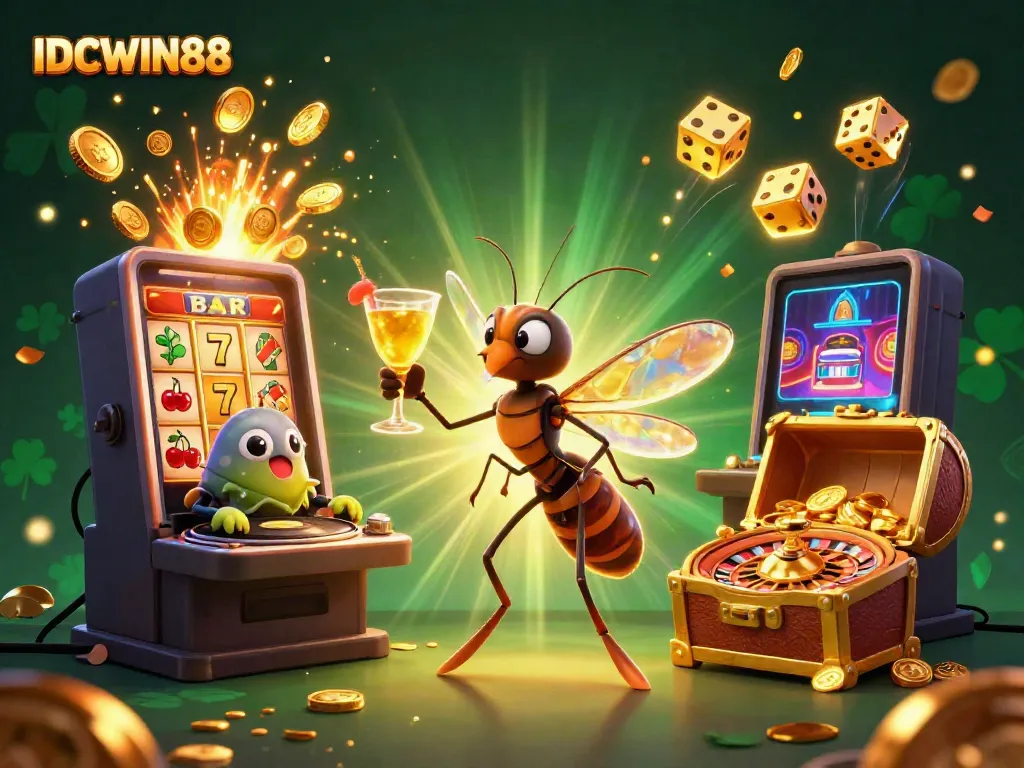 Experience thrilling games at IDCWIN88 with dynamic characters and vibrant casino elements surrounding them.