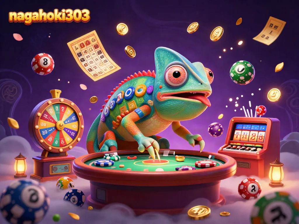 Nagahoki303 mempersembahkan ilustrasi 3D kasino dengan chameleon besar mengambil koin emas, dikelilingi berbagai elemen permainan.