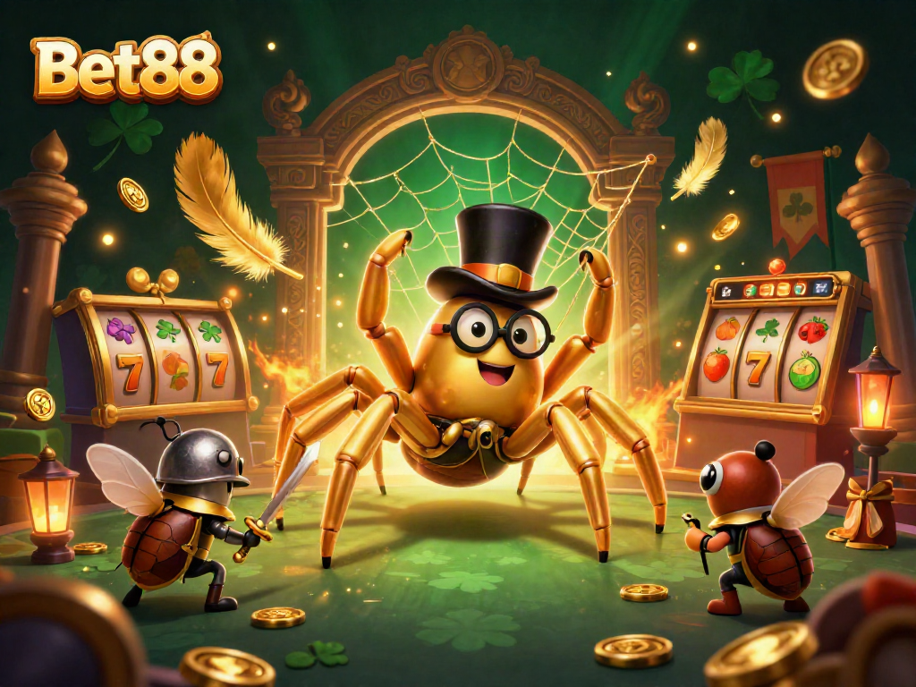 Engage with Bet88's thrilling slots as adventurous characters create magic in a vibrant casino scene.