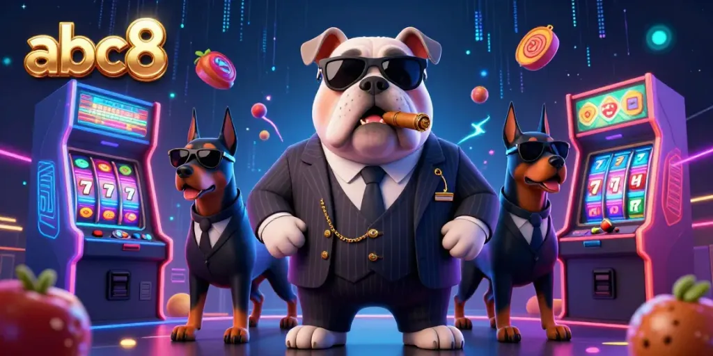 Experience thrilling gameplay at abc8 with a packed casino scene featuring mafia characters and vibrant slot machines.