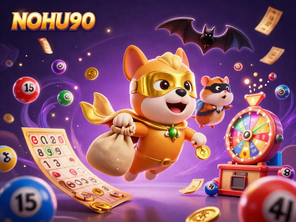 Experience the thrill of NOHU90 as a superhero dog and sidekick soar above exciting casino elements!