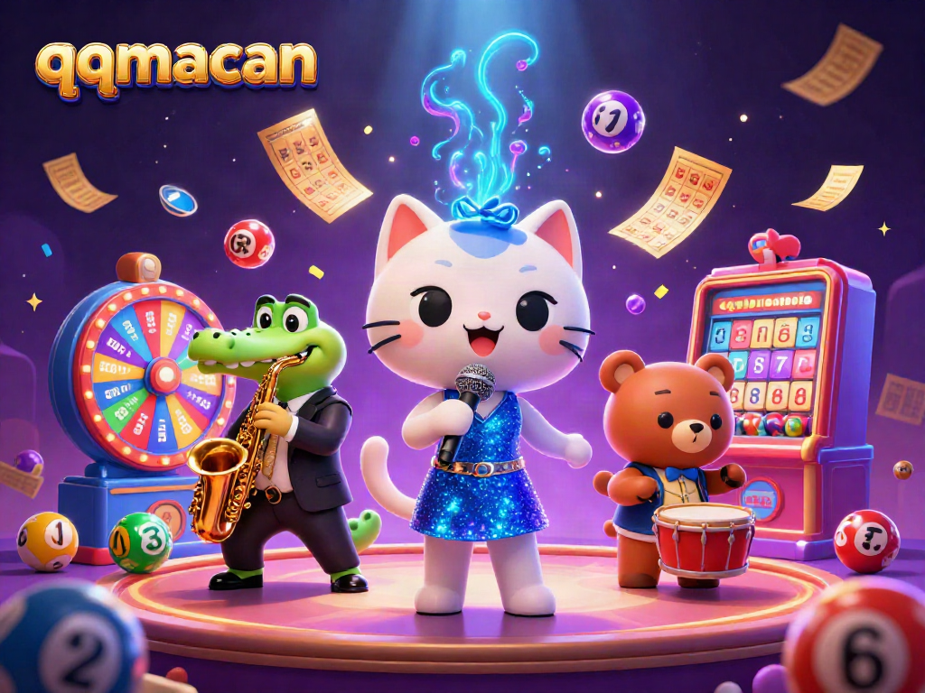 Menangkan permainan dengan qqmacan, karakter kartun menyanyikan jazz sambil dikelilingi opsi menarik dan tiket emas.