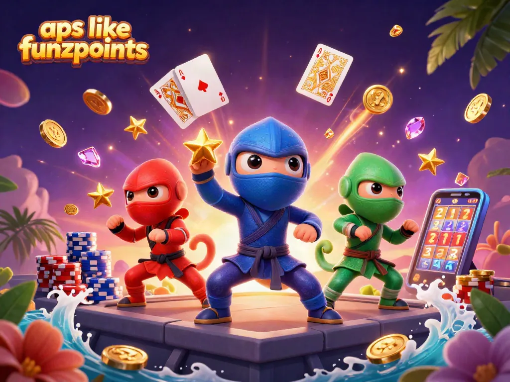 Engage with fun slot experiences and seamless gameplay at apps like Funzpoints, showcasing ninjas, coins, and cards.