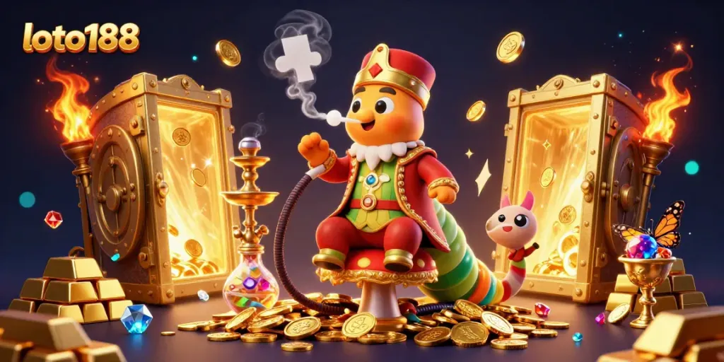 Experience the thrilling world of loto188 with a vibrant 3D casino scene highlighting games and treasures.