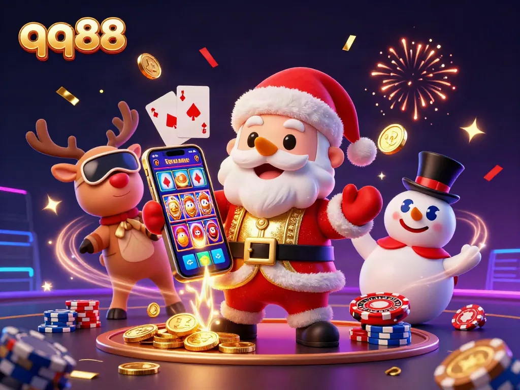 Spin the reels with qq88's festive 3D characters celebrating in a vibrant casino scene.