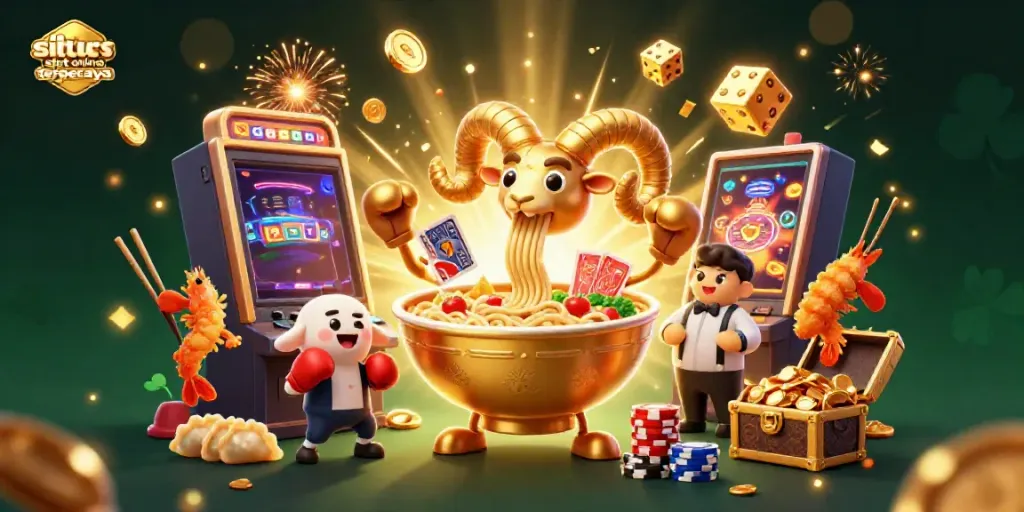 Gambaran kasino dengan situs slot online terpercaya menghadirkan elemen menarik seperti mesin slot dan karakter lucu yang sedang bermain.