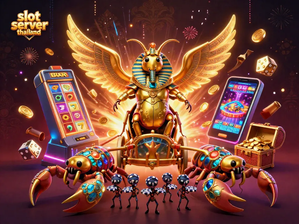 Spin the slot server thailand jackpot with a colossal scarab beetle chariot amidst vibrant casino elements.