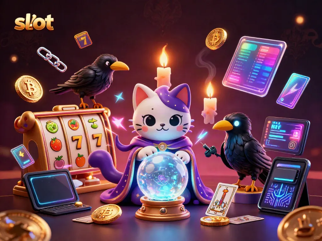 Spin to win with our vibrant slot-themed illustration featuring mystical characters and gaming elements.