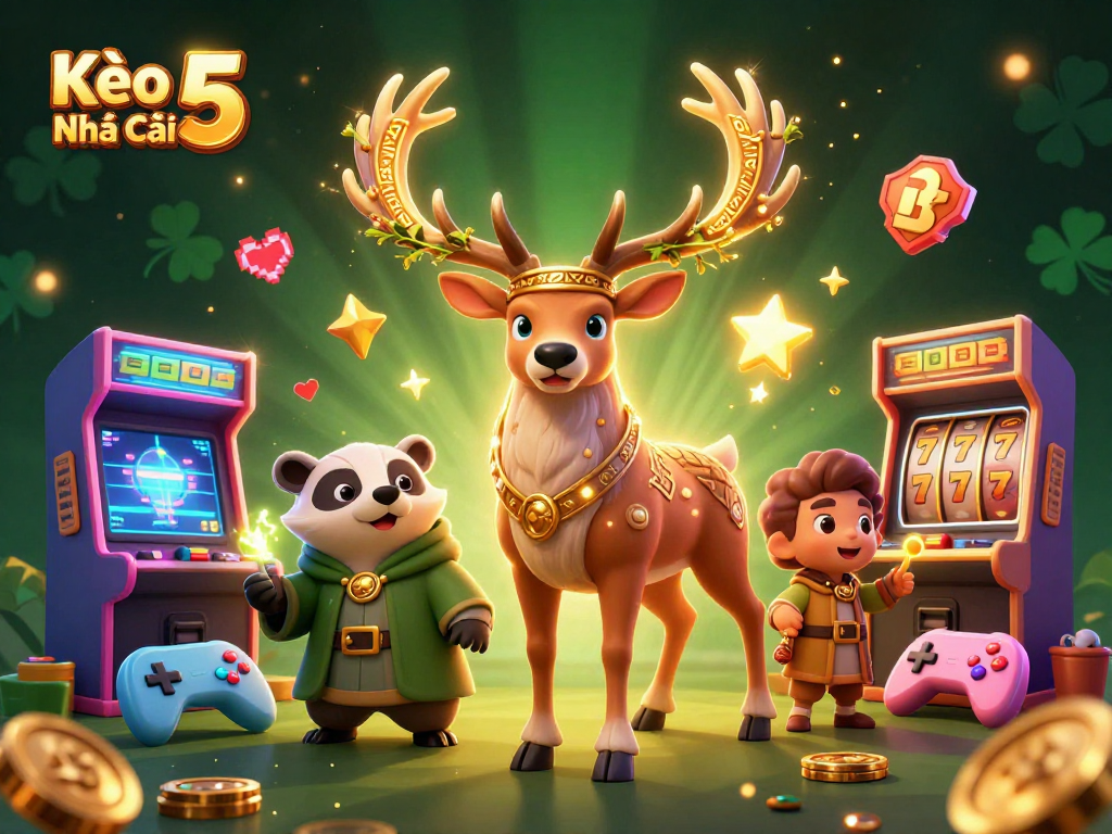 Kèo Nhà Cái 5 showcases a Celtic druid stag and a badger in a lively casino scene filled with slot machine elements.