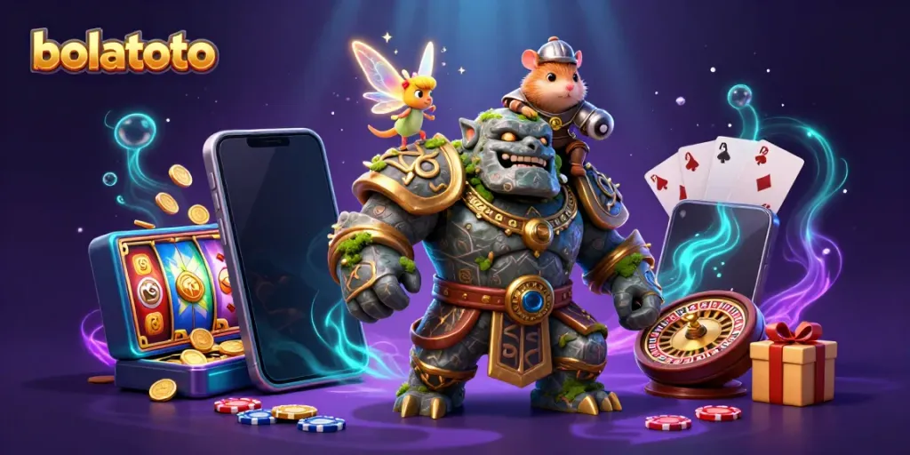 Experience the enchanting world of bolatoto with a magical scene featuring a stone golem, fairy, and hamster knight amidst a vibrant casino atmosphere.