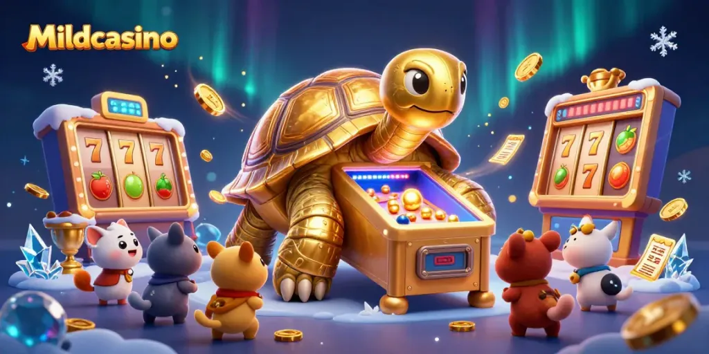 Mildcasino thrills players with a dynamic golden tortoise pinball scene featuring vibrant slot reels and lively game elements.