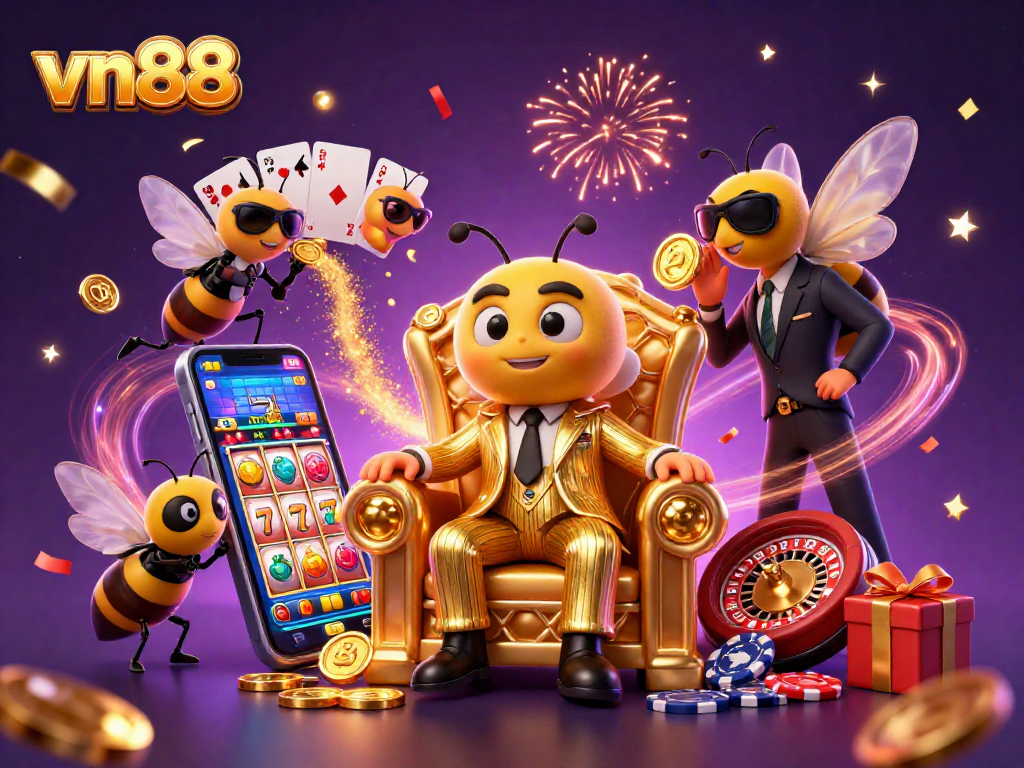 Engage with vn88’s vibrant gaming world featuring dynamic slot reels and colorful casino elements.