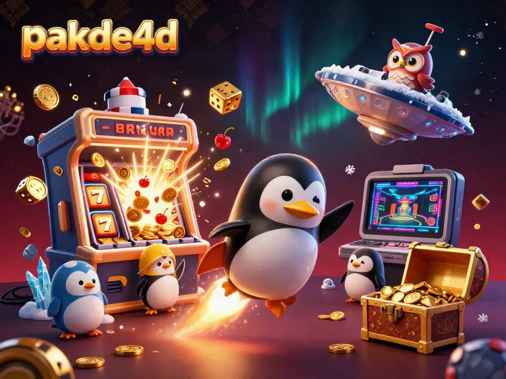 Experience thrilling wins with pakde4d in this vibrant 3D illustration showcasing a golden penguin and slot machine.