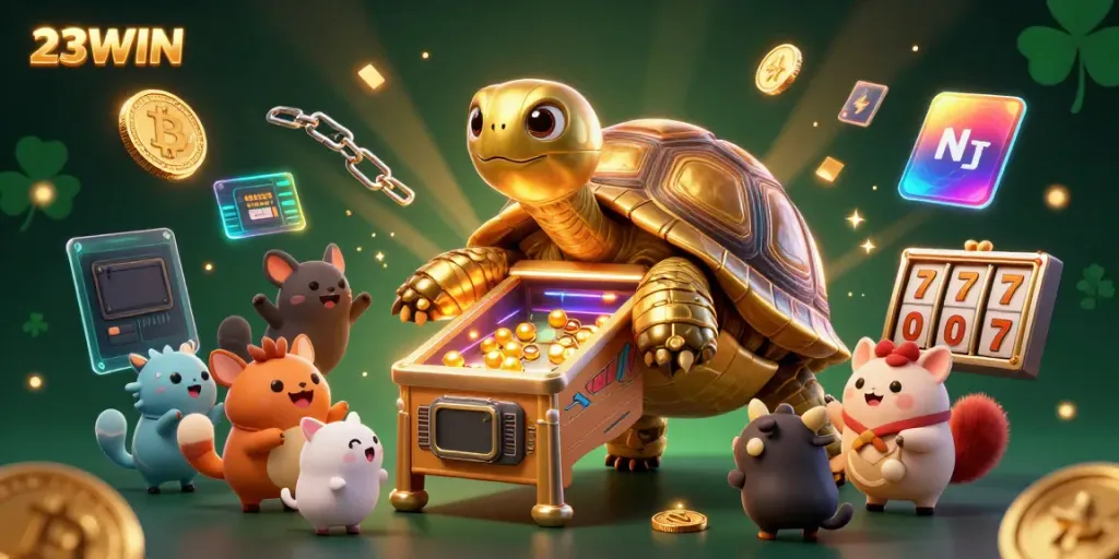 Experience thrilling gaming action with 23WIN's cartoon setup featuring a golden tortoise pinball machine.