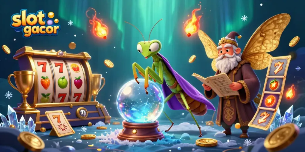 Pemain slot gacor meraih kemenangan dengan karakter berwarna cerah dan elemen kasino yang dinamis.