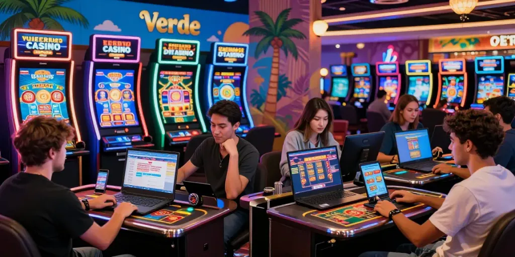 Verde Casino - Spieler genießen aufregende Online-Casino-Spiele in einer lebendigen, tropischen Umgebung.