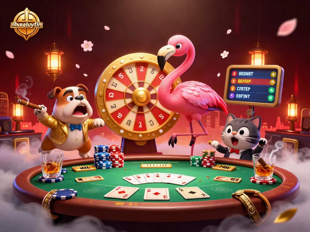 Engage in thrilling casino action with nhacaiuytin, showcasing a flamingo host and bulldog contestant.