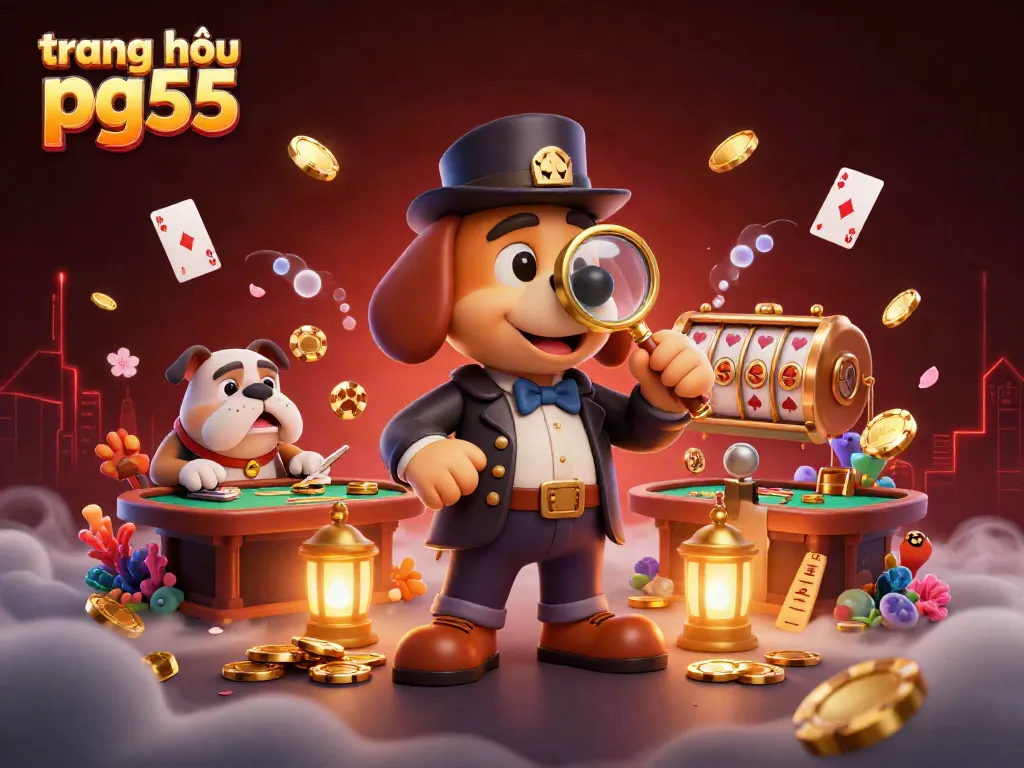 Engage with the immersive atmosphere at trang chủ pg55, featuring a detective themed 3D scene revealing hidden treasures and gambling elements.