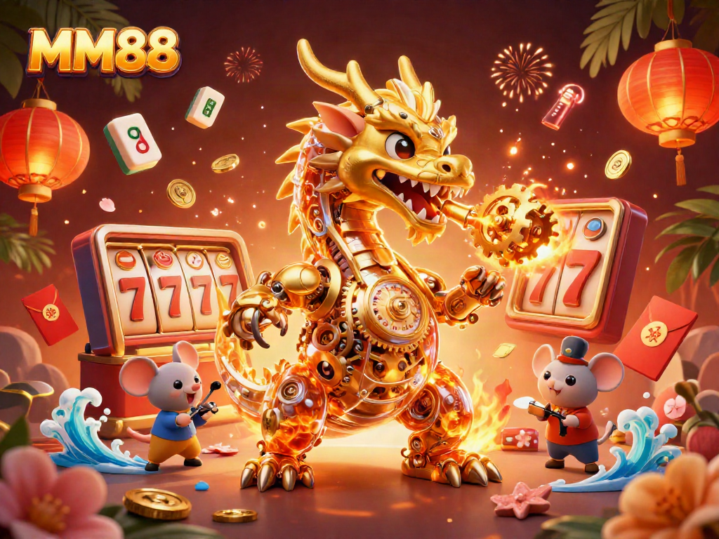 Engage with MM88 slots featuring a golden dragon, vibrant casino elements, and dynamic visual effects.